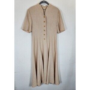 Vintage 90s Japanese Minimalist Midi Dress Beige Small Button Front Drian Grey